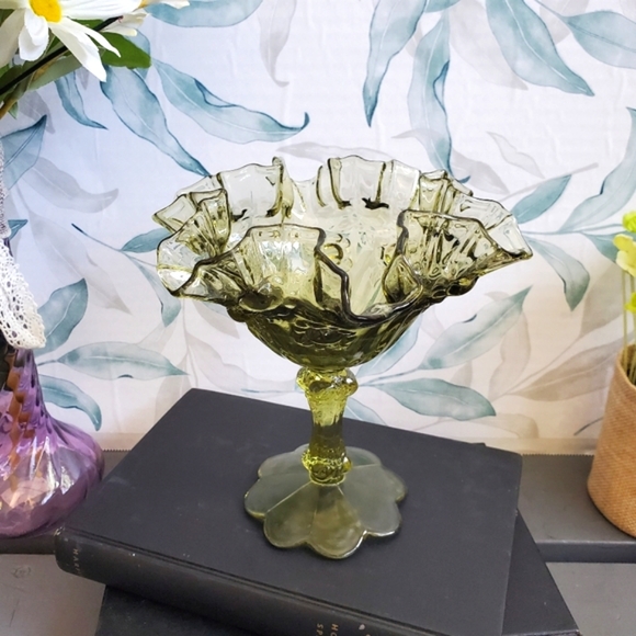 Fenton Other - FENTON | Colonial Green Cabbage Rose Compote Dish in Green